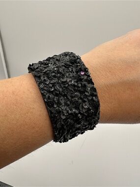 Glam Black Sequin Wide Cuff Bracelet Faux Suede Double Snap Closure